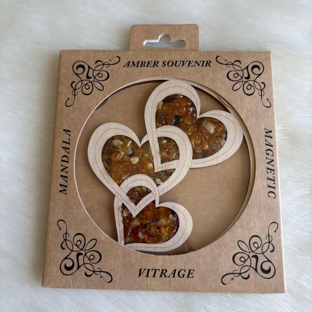 Finland Baltic Amber Heart Wood Magnet Vitrage Mandala Souvenir Gift Decor